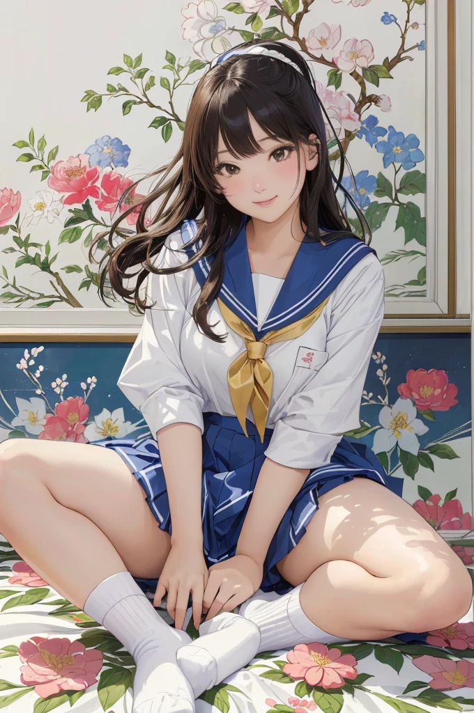 Detailed Background,Art Deco,Beautiful landscape painting,Botanical Art,Flower Art,(Floral:1.2), (masterpiece, Highest quality),Vibrant colors,colorful, Highest quality, Amazing details, Anatomically correct, Line art, Written boundary depth,Flat Shading,Bokeh, 床に座っているSailor suitを着たアラフェッドのアジア人女性, ((White socks)), Japan Girls' Uniform, Japanese , Japaneseの習得 , seifuku, Cute school girl, Strike a Pose, Young and cute gravure idol, Young Gravure Idol, Sailor suit, Young Japanese Girl, narumi kakinouchi, realistic Young Gravure Idol