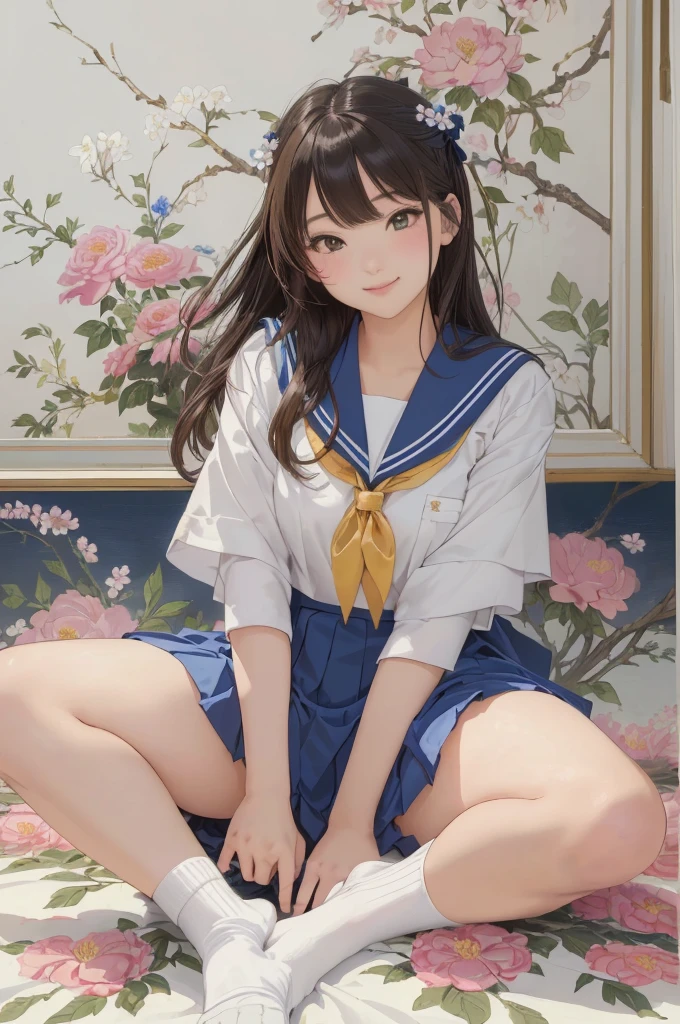 Detailed Background,Art Deco,Beautiful landscape painting,Botanical Art,Flower Art,(Floral:1.2), (masterpiece, Highest quality),Vibrant colors,colorful, Highest quality, Amazing details, Anatomically correct, Line art, Written boundary depth,Flat Shading,Bokeh, 床に座っているSailor suitを着たアラフェッドのアジア人女性, ((White socks)), Japan Girls' Uniform, Japanese , Japaneseの習得 , seifuku, Cute school girl, Strike a Pose, Young and cute gravure idol, Young Gravure Idol, Sailor suit, Young Japanese Girl, narumi kakinouchi, realistic Young Gravure Idol