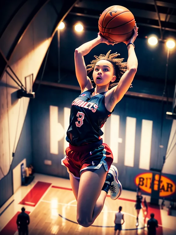 (Ball in the basketball ring), Hold up the ball with both hands, NBA basketball player, 1girl, Incredible jump, floating down from the basketball court, best quality, (masterpiece), hyper detailed, ultra high res, photorealistic, raw photo, absolutely resolution, ((aerial view)), hand focus, looking up at basketball ring, 