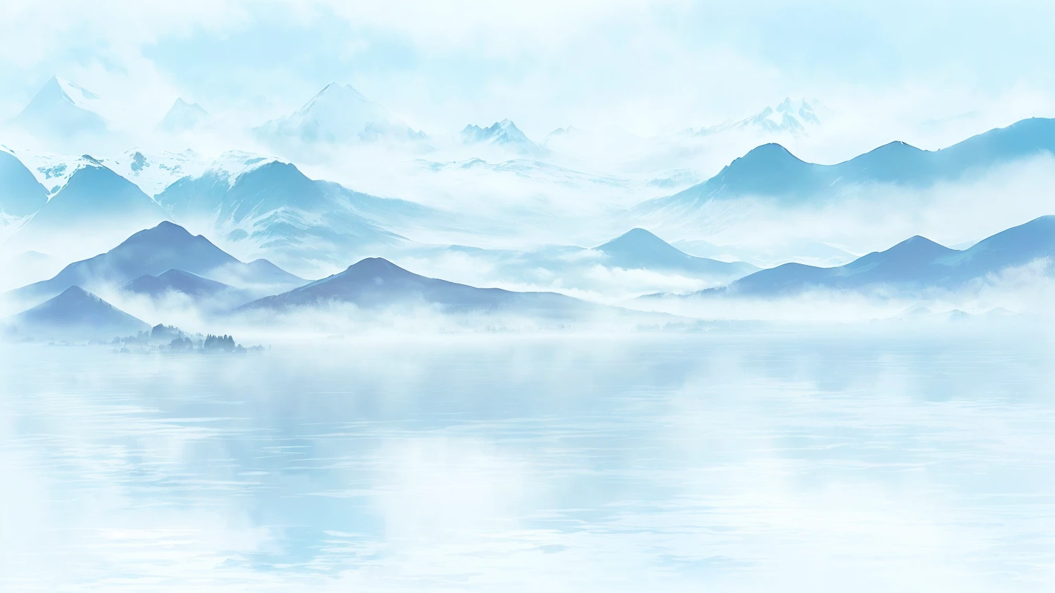 there is a painting of a mountain range with a lake in the foreground, mountains in fog background, mountainous background, detailed scenery —width 672, misty background, background mountains, mountain background, misty mountains, mountains background, mountains in a background, mountains and lakes, the background is misty, some mountains in the background, water landscape, scenic background, water mists