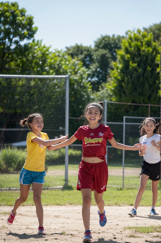 Create a highly realistic scene set in a bustling sports center in Italy. The focus is on two Italian sisters, one 13 years old and the other 8 years old, surrounded by a group of younger children. They are all dressed in colorful T-shirts and shorts, reflecting their energetic and joyful mood.
The 13-year-old teenager stands confidently in the center. She has shoulder length brown hair tied in a ponytail and is wearing a bright red t-shirt tied under her small breasts showing her midriff and blue shorts. Her face is lit up with a warm smile as she interacts with the children around her, radiating a sense of enthusiasm and camaraderie.
Next to her is her 8-year-old sister, who looks a lot like her older sister but is shorter and has a smaller build. She has long wavy brown hair tied with a ribbon and is wearing a matching red t-shirt and blue shorts. Her expression mirrors her older sister's joy and excitement as she interacts with the other children.
Surrounding them are children aged between 5 and 10, each wearing T-shirts and shorts in various bright colors such as yellow, green, blue and orange. Their expressions are full of happiness and excitement as they interact with each other and the two sisters. Some children indicate their availability for fun activities.
In the background is the lively setting of the sports center: an open field with freshly cut grass, a running track and various sports facilities such as basketball courts and a football field. Some trees and benches are scattered here and there, offering places of shade and rest. The sky is clear and blue, with the sun shining brightly, casting a warm light over the entire scene.
This scene captures the energetic and playful atmosphere of the sports centre, with the 13- and 8-year-old sisters at the center of the joyful group, creating a sense of unity and fun among the children. The vibrant colors of their outfits and lively interactions reflect the spirit of a summer day full of sports and laug