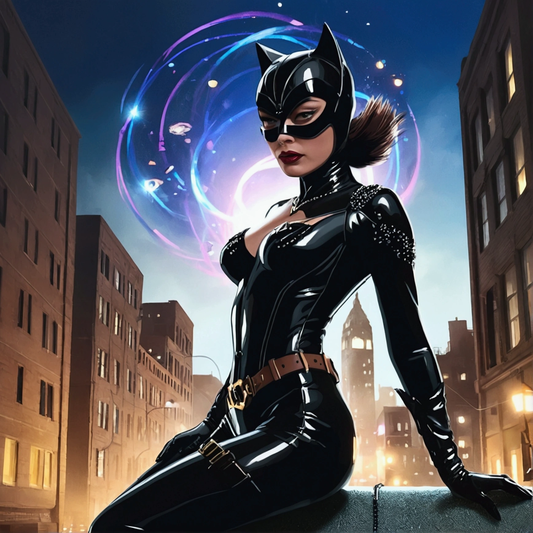 Catwoman、Gotham City at Night、Christopher Nolan Style、Drama and lifesaving、Dynamic, dark and scary atmosphere、Dramatic Light、Very detailed、Full of hidden details、Hyperrealistic、uhd画像、realism、カラフルなrealism、uhd、8k、Full body image、Long tail、