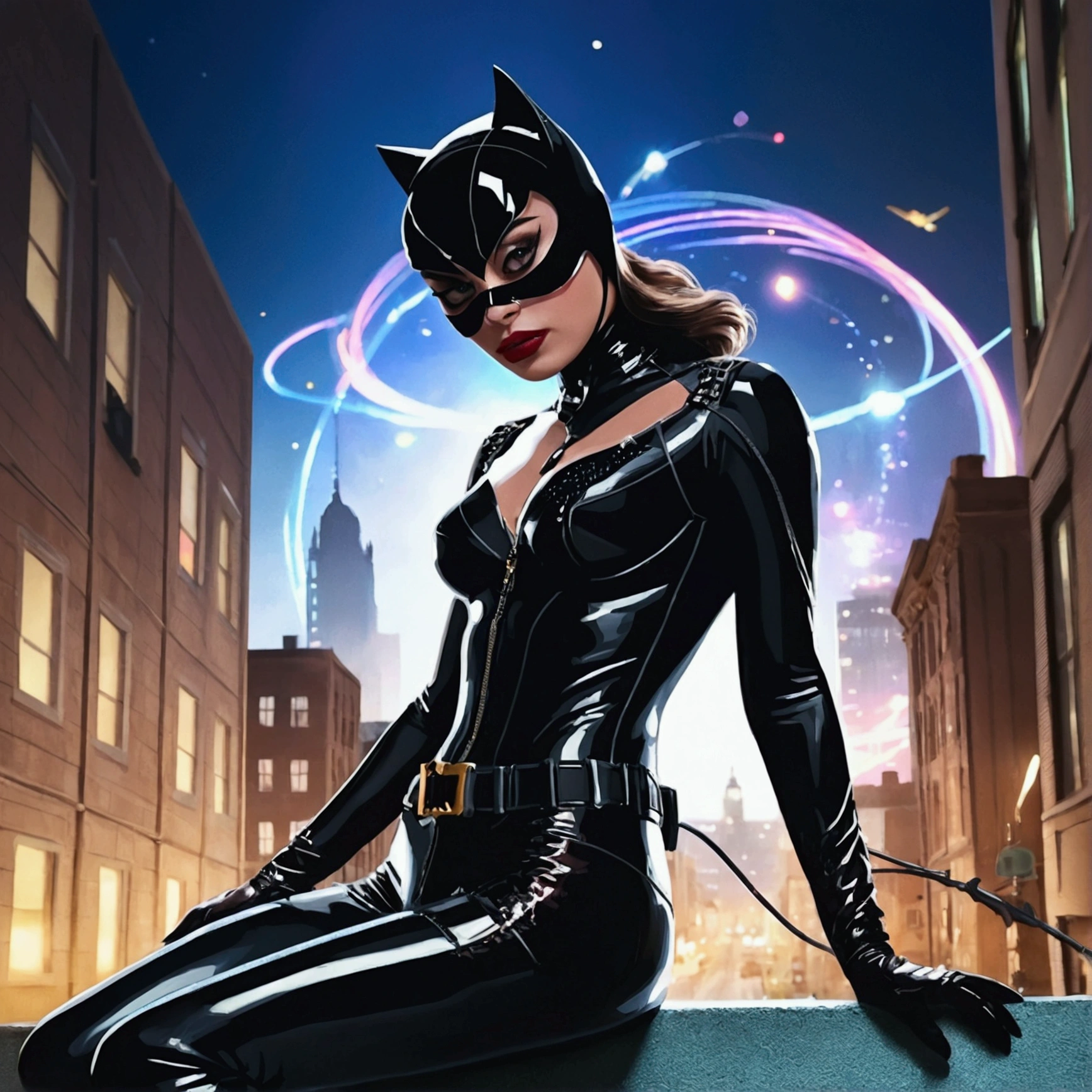 Catwoman、Gotham City at Night、Christopher Nolan Style、Drama and lifesaving、Dynamic, dark and scary atmosphere、Dramatic Light、Very detailed、Full of hidden details、Hyperrealistic、uhd画像、realism、カラフルなrealism、uhd、8k、Full body image、Long tail、