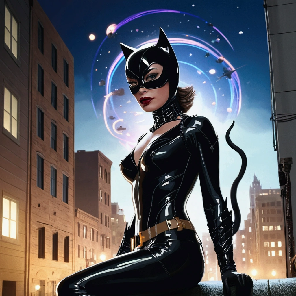 Catwoman、Gotham City at Night、Christopher Nolan Style、Drama and lifesaving、Dynamic, dark and scary atmosphere、Dramatic Light、Very detailed、Full of hidden details、Hyperrealistic、uhd画像、realism、カラフルなrealism、uhd、8k、Full body image、Long tail、