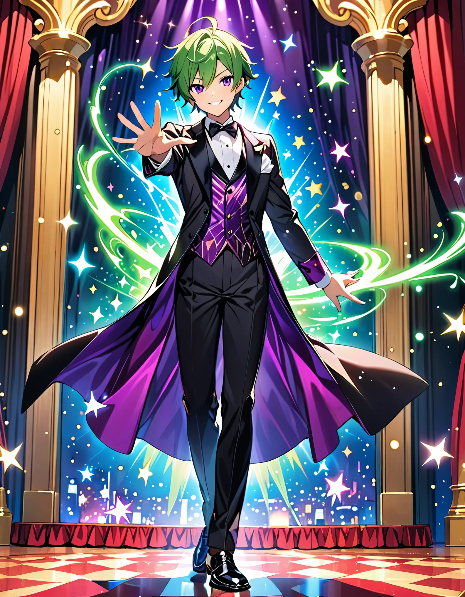 masterpiece, best quality, 1boy, solo, solo focus, cute face, green hair, purple eyes, magician, tuxedo, dress shoes, cool pose, smile, full body, cowboy shot, magic, light particles, magician, looking at viewer, stage backdrop, indoors
