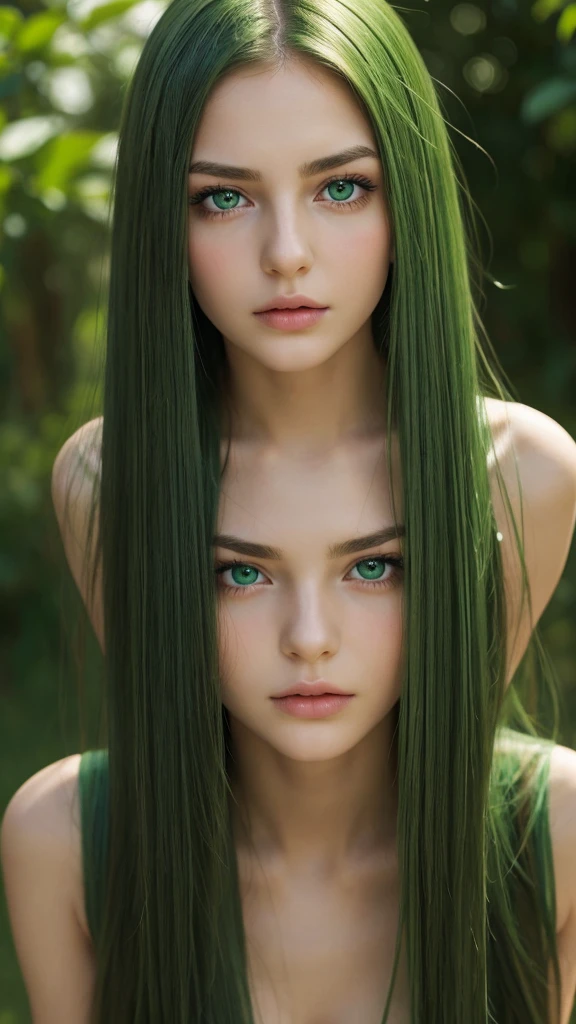 a girl. face sent feeling. Europe. Oval face. long face. delicate facial features. sad eyes. seductively seductive. green eyes. long straight hair. bouncy hair. green hair like. sad expression.