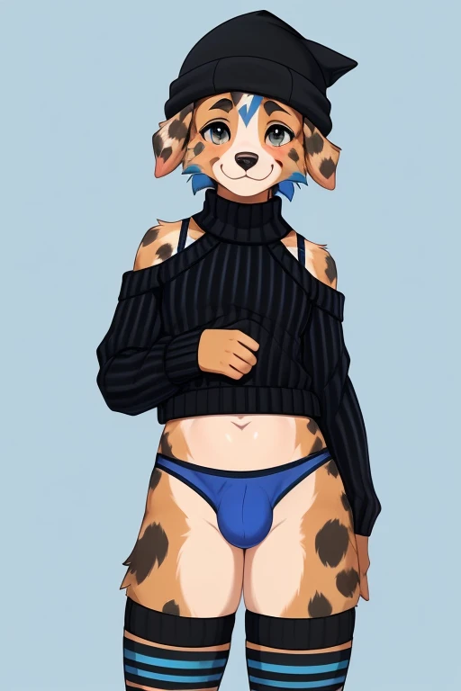 ((SFW)) ((18, cute, furry, Australian Shepherd dog boy femboy wearing blue thin, low panties with a bulge, black beanie, blue and black striped croptop sweater with tops of shoulders exposed, and black and blue striped thigh-high socks, best quality)) ((hands near crotch)) ((exposed hips)) 