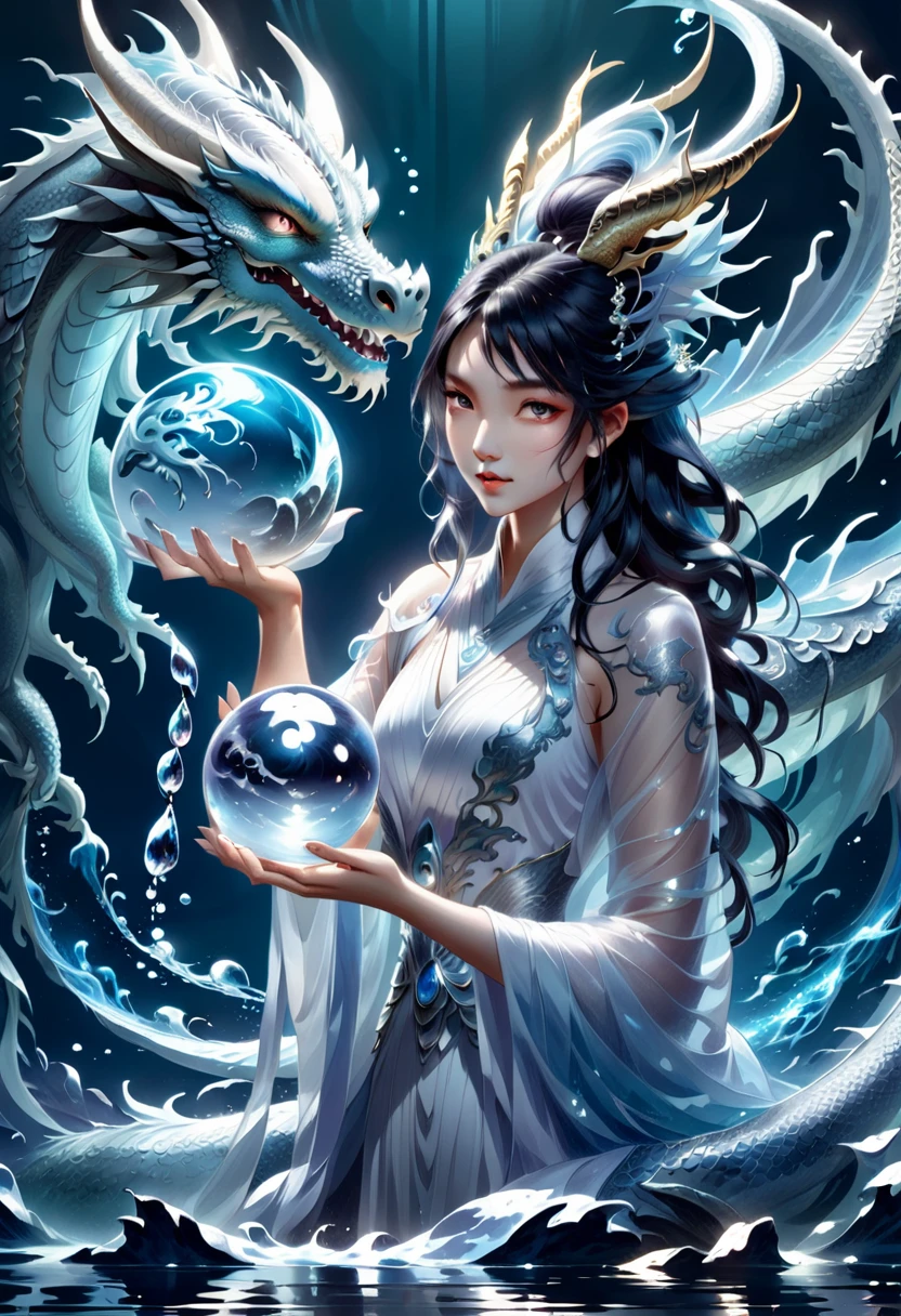 A woman in a white dress holding a crystal ball with a dragon on it, ArtJam and ruan jia, Asian female water spirit, the Dragon Girl portrait, Dragon Girl, ruan jia and ArtJam, ArtJam. Anime illustration, ross tran and ArtJam, Queen of Dragons, Lostrun 8k, ArtJam detailed
