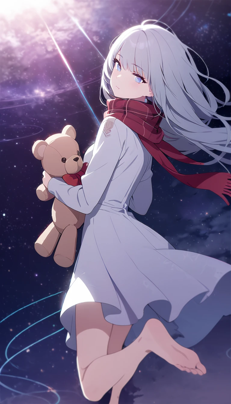 (((masterpiece))), (((best quality))),(((high detail))),light manipulation, girl with long silver hair, gradient purple to sky blue eyes, wearing a white dress, a red scarf, galaxy background, holding a teddy bear, feet, no footwear