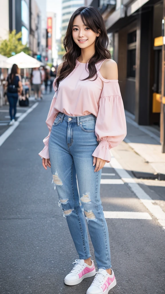 A charming young Japanese woman in her early 20s,  figure around 160cm tall, full-body portrait. Adorable facial features with large, expressive eyes, small nose, and full lips. Radiant smile that lights up her whole face. Healthy, fair skin with a natural glow. Shiny black shoulder-length hair with soft waves. Energetic and lively posture, exuding a friendly and approachable aura. Wearing trendy, youthful clothing: a pastel-colored blouse, high-waisted jeans, and cute sneakers. Standing in a bright, modern urban setting with soft, flattering lighting. Photorealistic digital art, high resolution, vibrant colors.