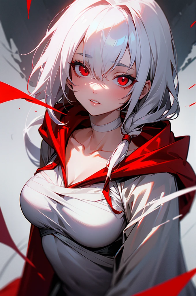 1girl, red_eyes, breasts, hood, bandages, solo, looking_at_viewer, bandaged_neck, cloak, white_hair, upper_body, red_cloak, bandaged_head, hooded_cloak, collarbone, medium_breasts, glowing_eyes, lips, glowing, parted_lips, blood, hood_up, open_clothes, long_hair