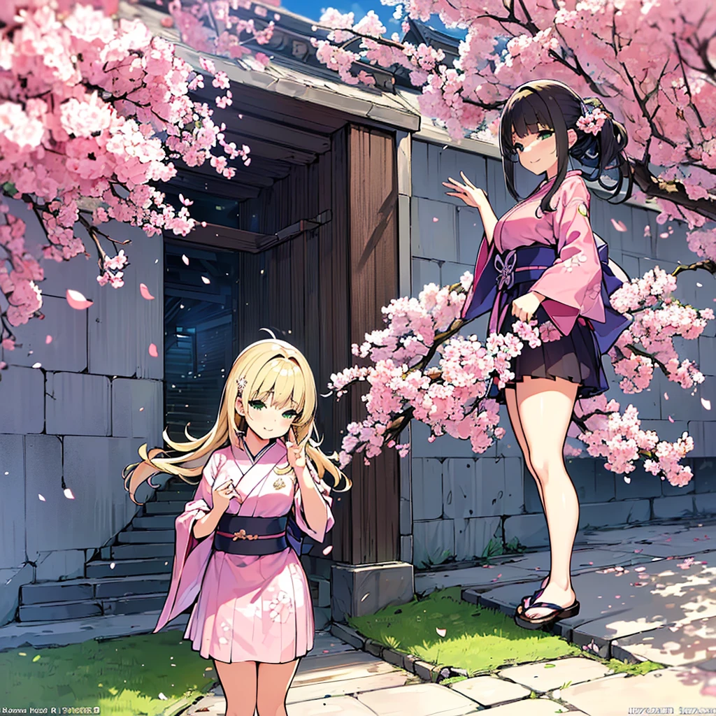 (((Masterpiece: 1,5, Best Quality, high resolution, Super resolution, ultra detailed: 1,2, rich background: 1,4))), (close up), (1 girl), Alone, green eyes, blonde long hair tied with blue Love, hair ornament, blunt bangs, smiling, high school girl, medium chest, ((hand in the air)), japanese clothes, (short blue printed kimono), sandals, Love, heart, ((exterior)), Cherry Blossom, (tori doors), stone staircase, sky (Afternoon), Cherry Blossoms fall, ((dramatic light: 1,3)), cloudy, (fuji scenery behind).NSFW
