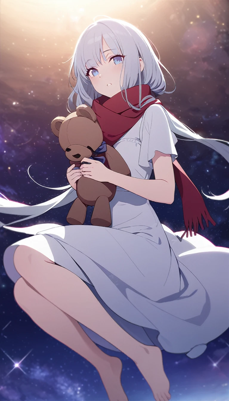 (((masterpiece))), (((best quality))),(((high detail))),light manipulation, girl with long silver hair, gradient purple to sky blue eyes, wearing a white dress, a red scarf, galaxy background, holding a teddy bear, feet, no footwear