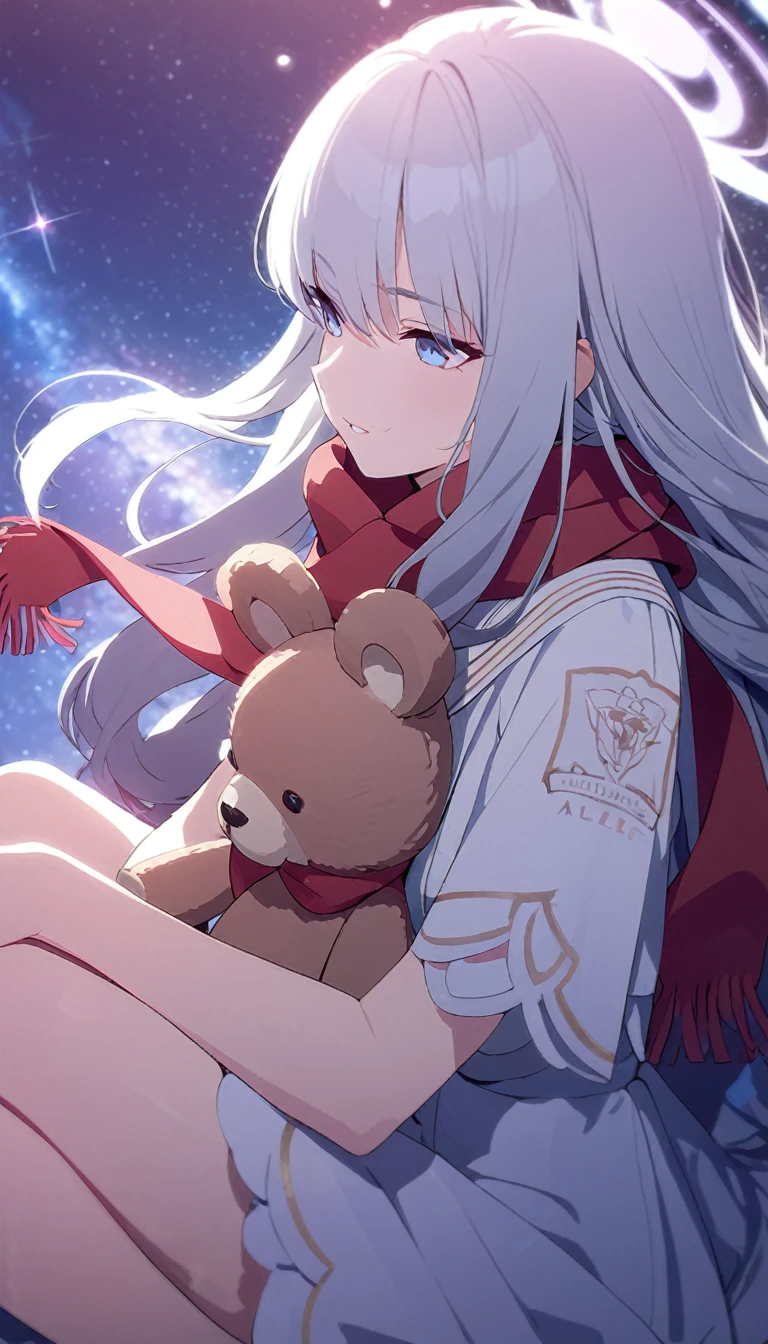 (((masterpiece))), (((best quality))),(((high detail))),light manipulation, girl with long silver hair, gradient purple to sky blue eyes, wearing a white dress, a red scarf, galaxy background, holding a teddy bear, feet, no footwear