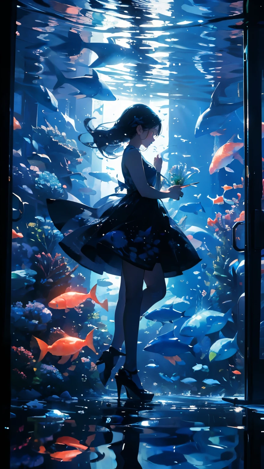 (masterpiece)、(Highest quality)、Very detailed、Perfect Face、(Solo full body shot:1.3)、(In the water:1.4)、Ocean、Coral Reef、Light、Bubble、jellyfish、Oceanの藻、(深Ocean:1.4)、Fantasy、Ocean底、Floating objects