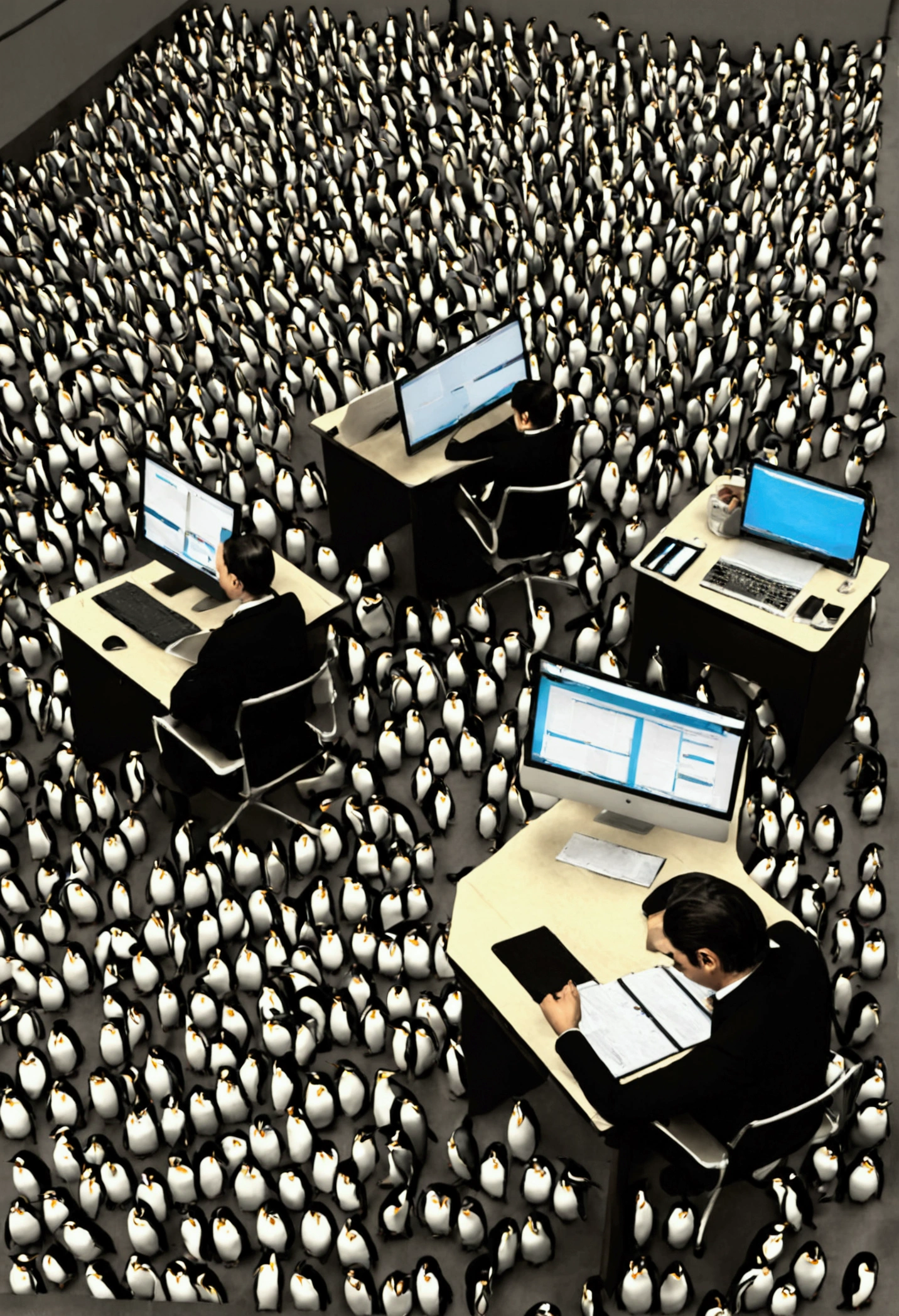 Many screens, desks, chairs, documents scattered on the floor, penguins sitting in all kinds of postures and expressions