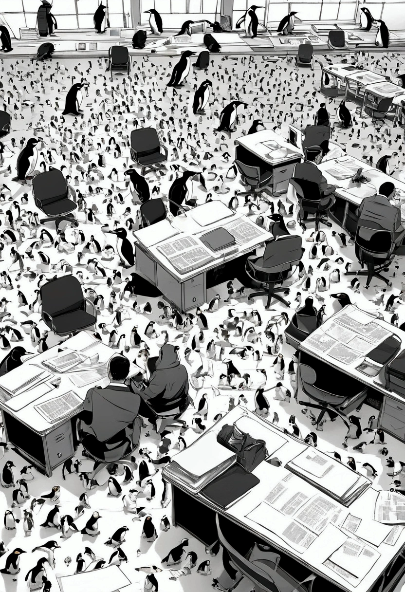 Many screens, desks, chairs, documents scattered on the floor, penguins sitting in all kinds of postures and expressions
