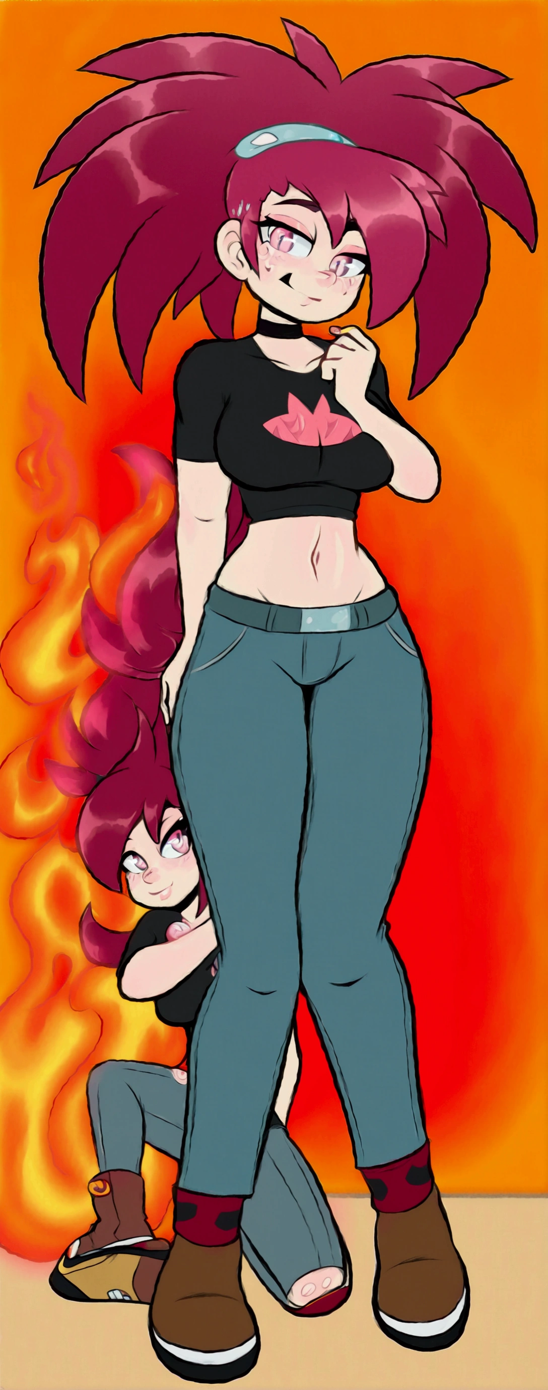 A sexy girl, beautiful action, big breast, dark red hair, cut her eye, pink eyelash, fire red, wears black top, short sleeves, shows navel, sexy curve, and a pair of denim pants, brown shoes. 