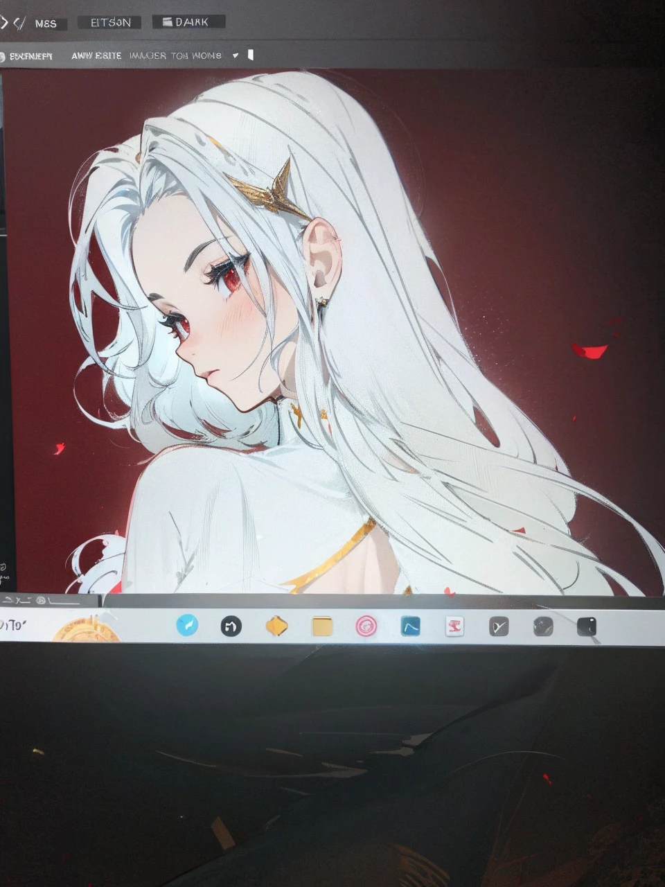 Add in roses to her dress, a good back dress design with some golden jewelry, make her dress into a red and white gown with a hat, give her some unique Jewelry, and make her look somewhat of a demonic angel like appearance to her