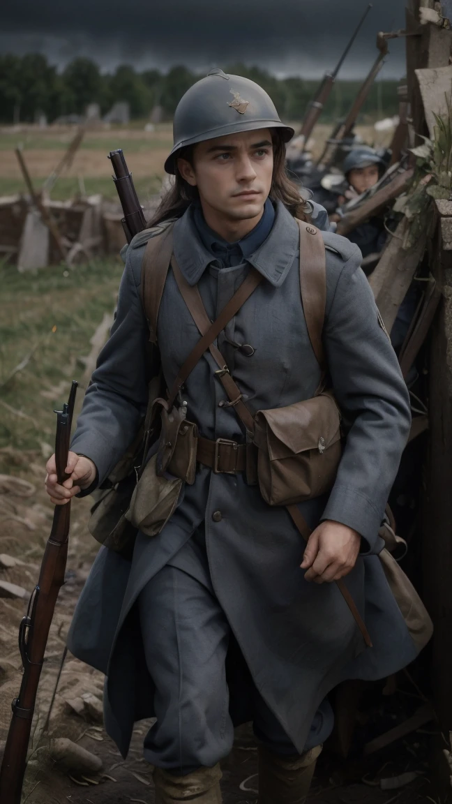 (masterpiece), best quality, expressive eyes, perfect face, All quiet on western Front, man, trenches, dirty, uniform, realistic, HD, Rifle, Orlando Bloom, big bag, French regiment, France, defending position, pov, Far view, shot, shooting, fighting, aiming gun, rains, Somme battlefield, waiting, nighttime, ((artillery bombing) ), ((explosive)), panic, Fusiliers, Somme, 