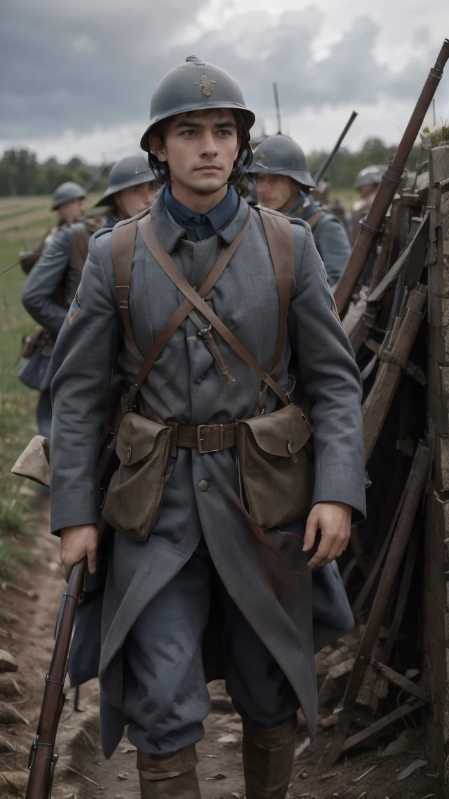 (masterpiece), best quality, expressive eyes, perfect face, All quiet on western Front, man, trenches, dirty, uniform, realistic, HD, Rifle, Orlando Bloom, big bag, French regiment, France, defending position, pov, Far view, shot, shooting, fighting, aiming gun, rains, Somme battlefield, waiting, nighttime, ((artillery bombing) ), ((explosive)), panic, Fusiliers, Somme, 