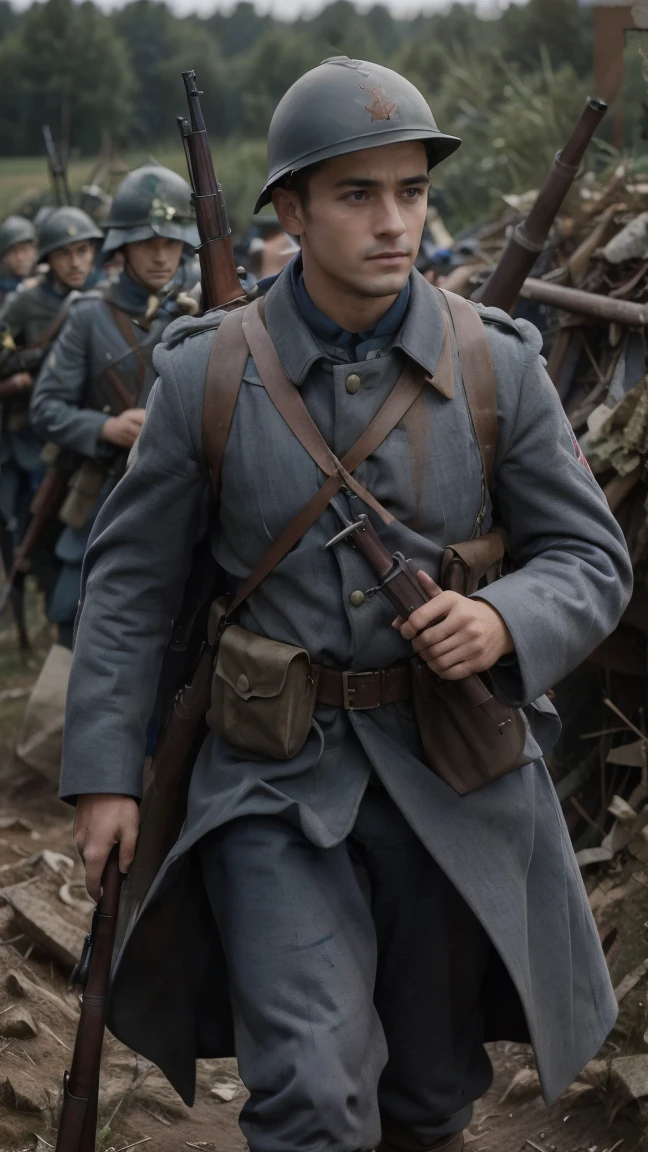 (masterpiece), best quality, expressive eyes, perfect face, All quiet on western Front, man, trenches, dirty, uniform, realistic, HD, Rifle, Orlando Bloom, big bag, French regiment, France, defending position, pov, Far view, shot, shooting, fighting, aiming gun, rains, Somme battlefield, waiting, nighttime, ((artillery bombing) ), ((explosive)), panic, Fusiliers, Somme, 