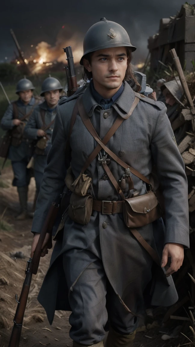 (masterpiece), best quality, expressive eyes, perfect face, All quiet on western Front, man, trenches, dirty, uniform, realistic, HD, Rifle, Orlando Bloom, big bag, French regiment, France, defending position, pov, Far view, shot, shooting, fighting, aiming gun, rains, Somme battlefield, waiting, nighttime, ((artillery bombing) ), ((explosive)), panic, Fusiliers, Somme, 