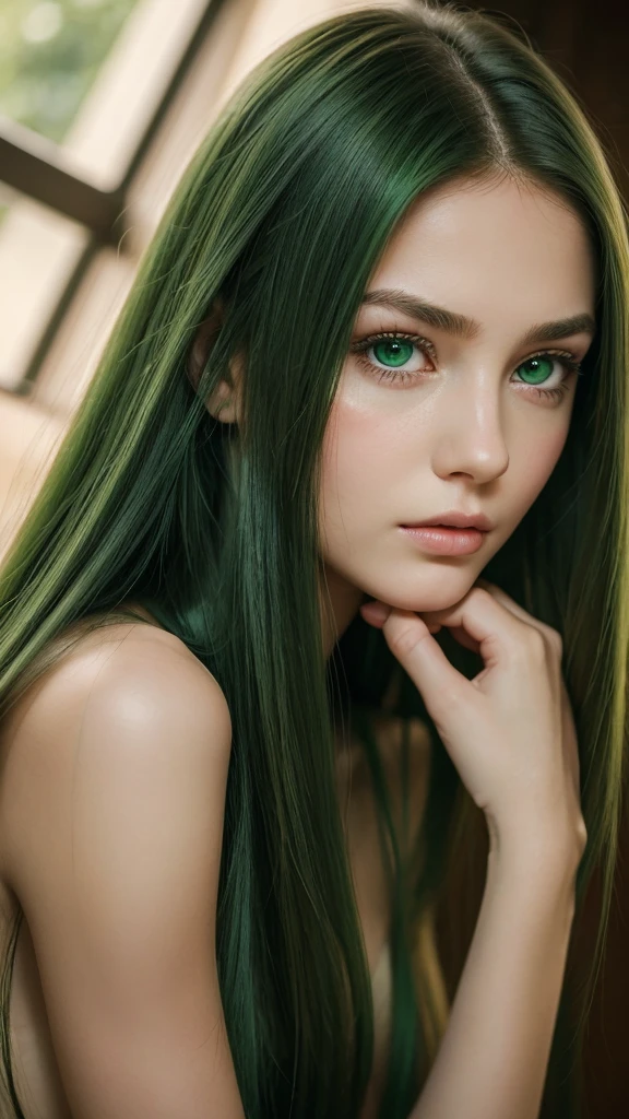 a girl.  face sent feeling.  Europe.  Oval face.  long face.  delicate facial features.  sad eyes.  seductively seductive.  green eyes.  long straight hair.  bouncy hair.  green hair like.  sad expression.