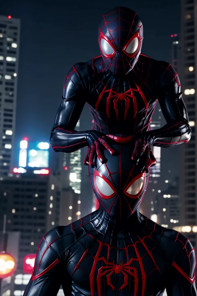 Miles Morales with his evil Spider self seen across