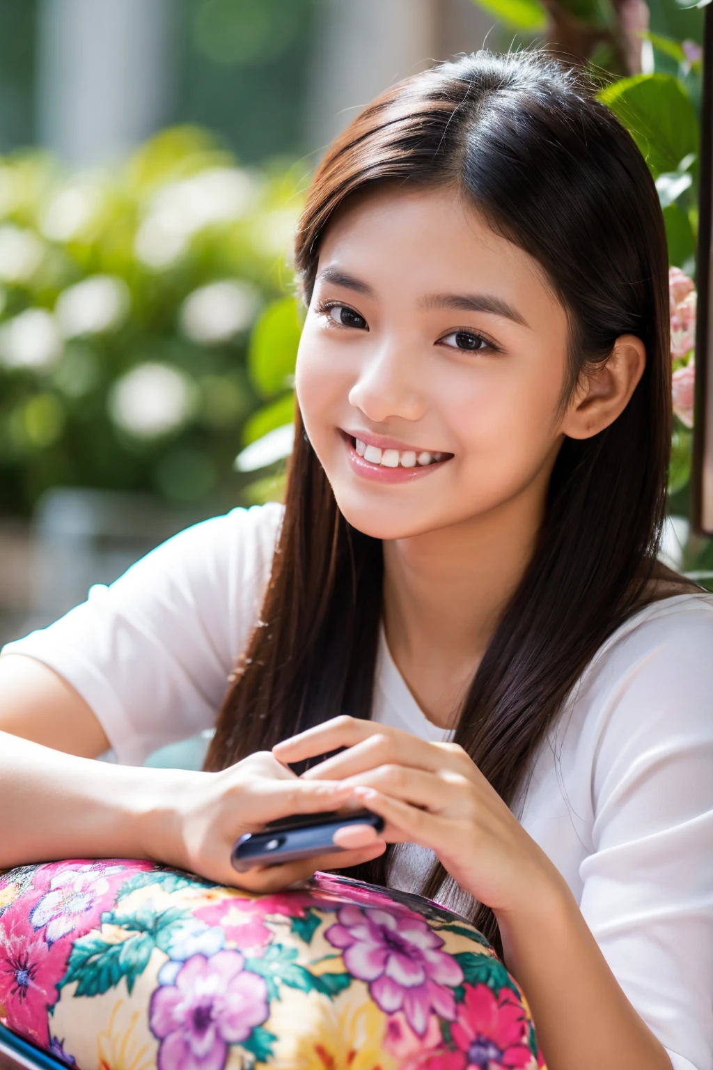 Young Indonesian beautiful woman using smartphone, happy, uhd, photorealistic, detailed.