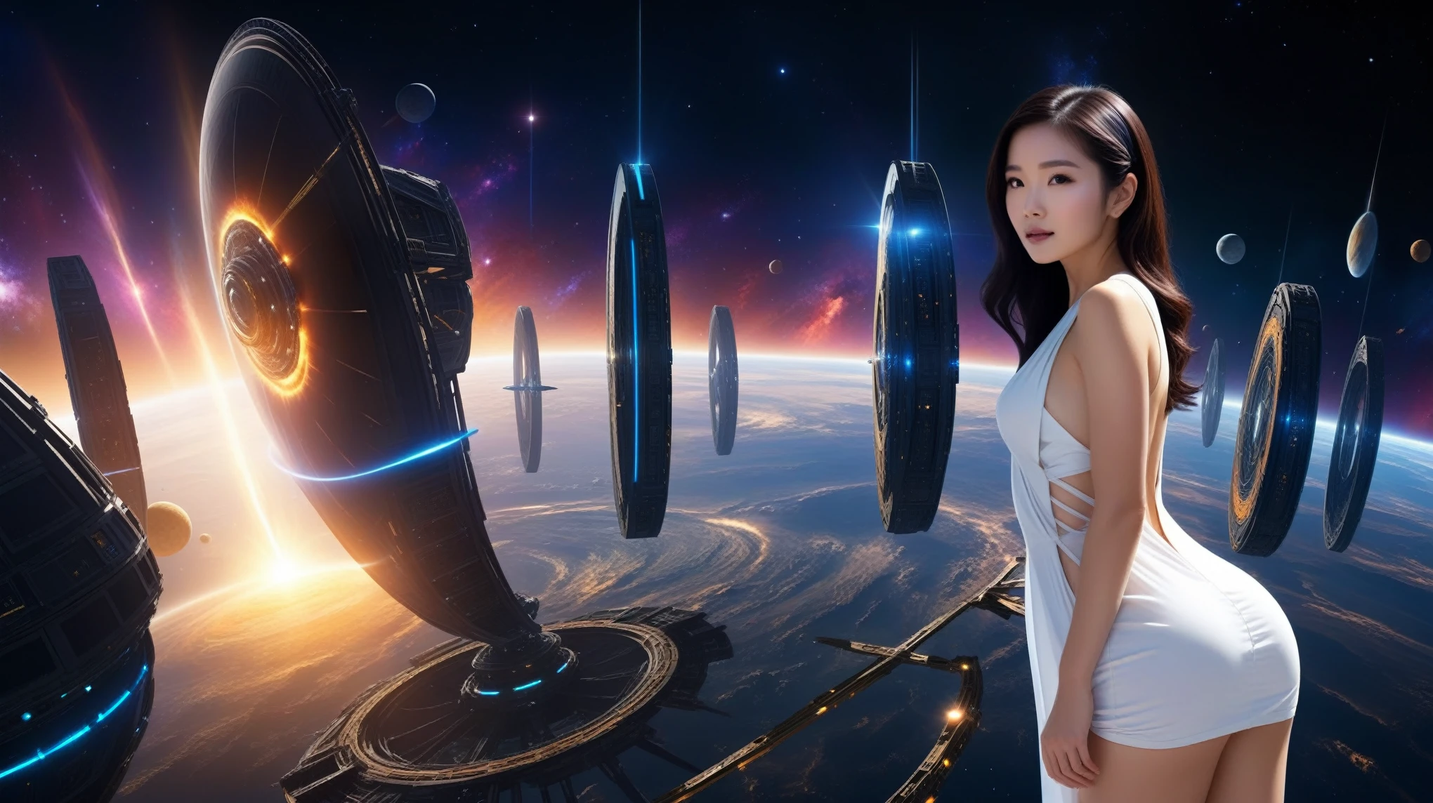 dark space of the universe, large artificial high-tech ring gate flies through space and time, flying sci-fi vehicle, cosmic light and the ancient energy of the Universe burst out from the depths of these gates and transport the viewer to other worlds, where it's light and cozy, sci-fi. (((1girl, solo, alone))), large-breast:1.2 slim body, cleavage:1.1, sexy elegant miniskirt, (((headphone, black sunglasses, standing and holding pistol pose))), (((half-body thigh level medium shot))), cinematic lighting, lens flare, ray tracing.