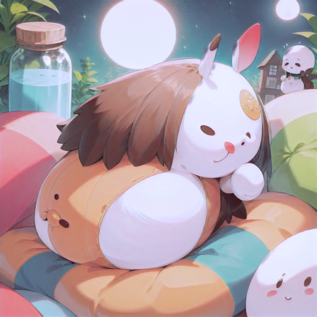 Highest quality, Absurd, High resolution,
cute, (Little:1.3), (whole body), (Droopy eyes:1.3),
Little in cushion filled glass jar,
Round animal costume, fuwafuwa, sleeping girl, sleeping Little, sleep, At night, moonlight,