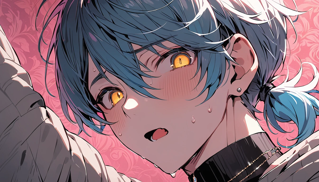 ((((best masterpiece, best quality, wallpaper,)))) solo, guy, male body, small muscles, flat chest, 1male, 30 years old, handsome man, dramatic angle, upper body, looking at viewers, beautiful detailed, mediumturquoise hair, ((((Lower short ponytail)))), asymmetrical bangs, ((short hair,)) blush stickers, sweat, (((perfect face, extremely detailed eyes,))) ((( jitome, gold eyes, ^o^, tareme, droopy eyes,))) perfect hands, sharp nose, clear face, black turtleneck, grey cardigan, ((silver piercing, pendant,)) leggings, pink background color ultrasharp, 8K, masterpiece,