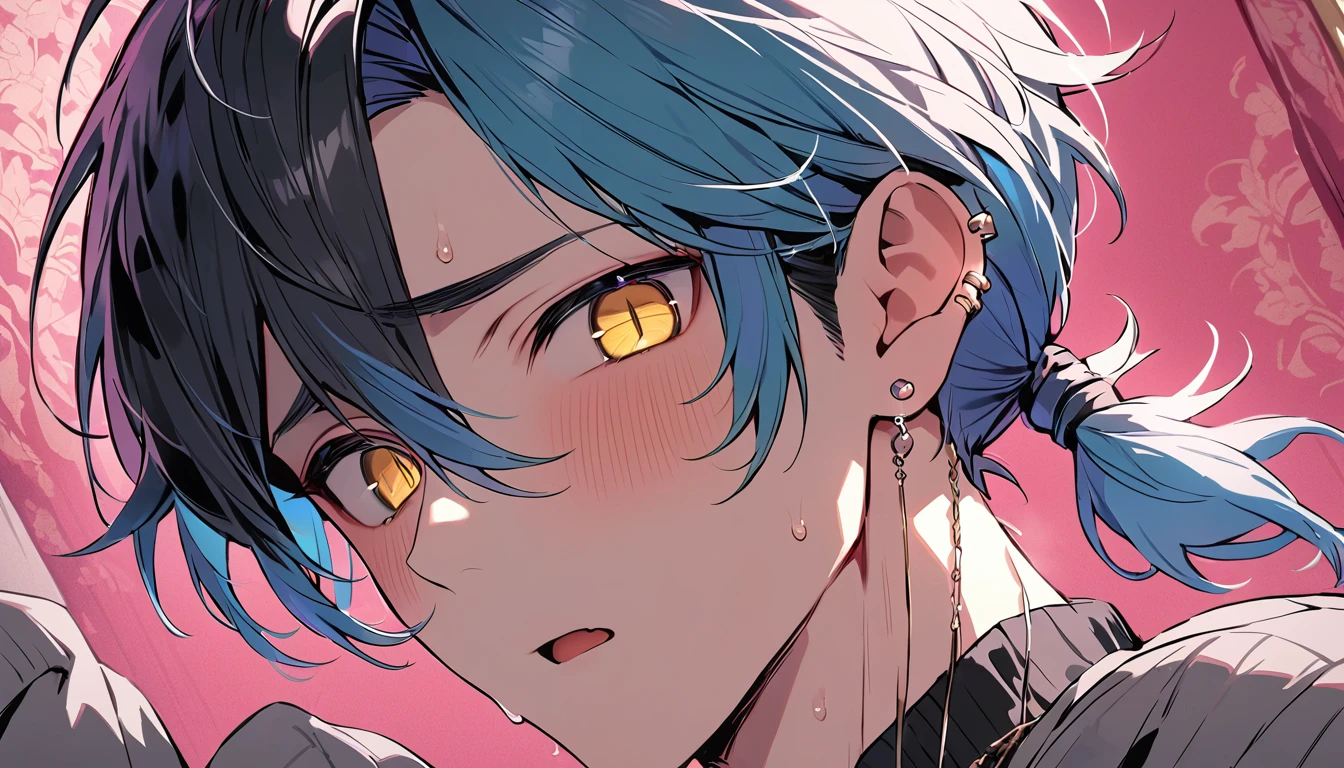 ((((best masterpiece, best quality, wallpaper,)))) solo, guy, male body, small muscles, flat chest, 1male, 30 years old, handsome man, dramatic angle, upper body, looking at viewers, beautiful detailed, mediumturquoise hair, ((((Lower short ponytail)))), asymmetrical bangs, ((short hair,)) blush stickers, sweat, (((perfect face, extremely detailed eyes,))) ((( jitome, gold eyes, ^o^, tareme, droopy eyes,))) perfect hands, sharp nose, clear face, black turtleneck, grey cardigan, ((silver piercing, pendant,)) leggings, pink background color ultrasharp, 8K, masterpiece,