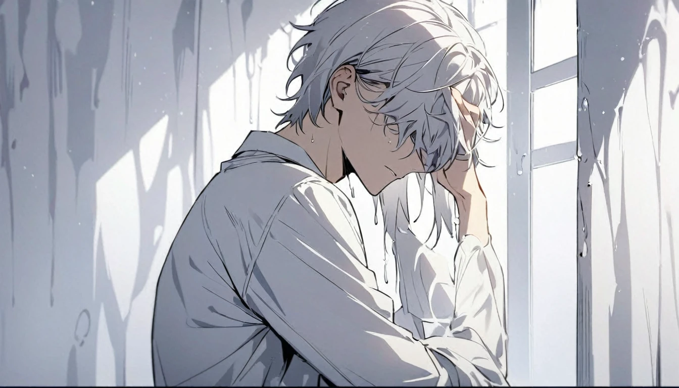 Man, fluid dripping from upper body, mixed black and white hair, hair covering eyes, handsome, alone, stays for a moment, full body, women's shirt, plain white room