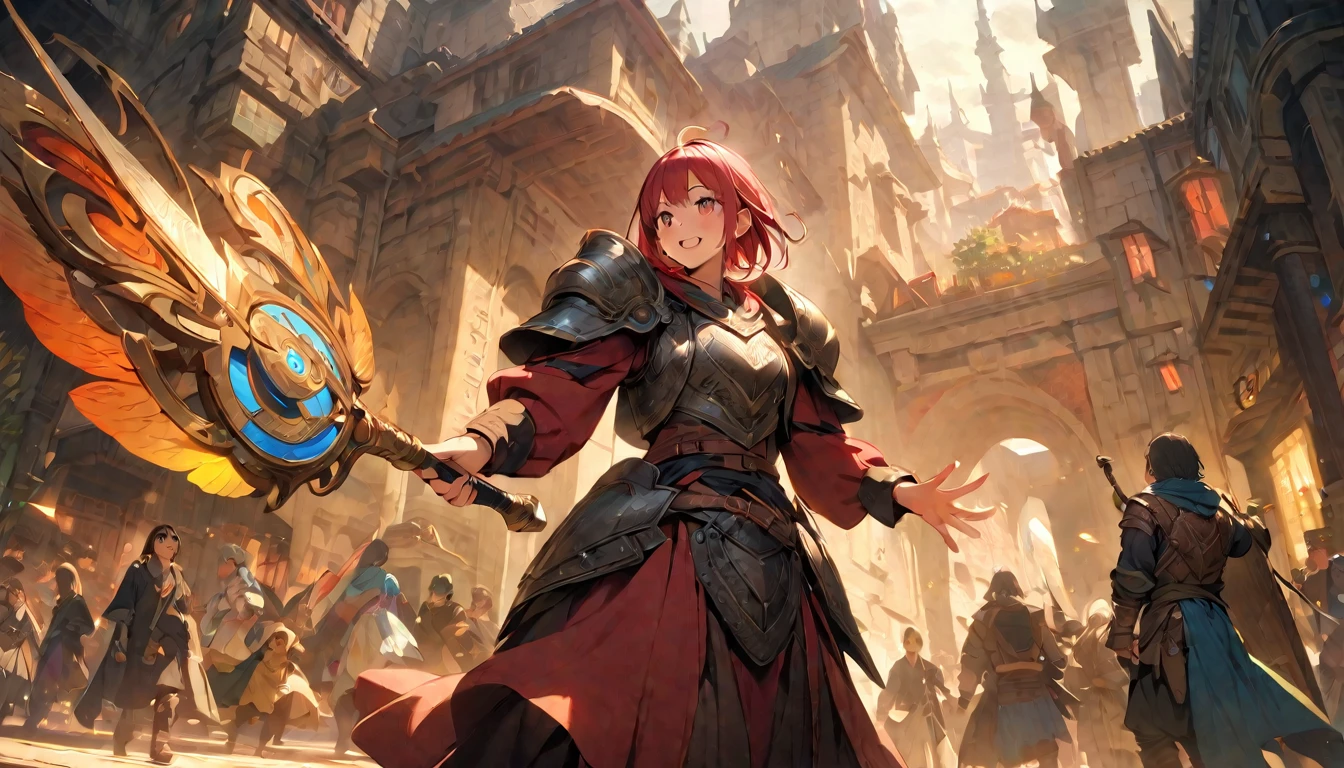 (masterpiece:1.4), (Highest quality:1.4), Very detailed, Complex, Very detailed, shape,Soft lighting, A bustling market in a magical city, More than one personで語り合う, Hopeful Face, smile, More than one person, Mixed gender, a group of adventurers, character from RPG games, (character: human, Fairy, Fairy, Dwarf, The Hobbit), (exterior: Swordsman Style, Shaman Style, Monk Style, Magician style), (belongings: Long sword, dagger, Holy Staff, Magic wand, shield, metal armor, Leather Armor), Perfectly accurate anatomical shape、All limbs intact、Perfect full finger, Colorful characters, A place to buy and sell mystical artifacts, Huge, Majestic, Uplifting expressions, みんなのsmileが素晴らしい.