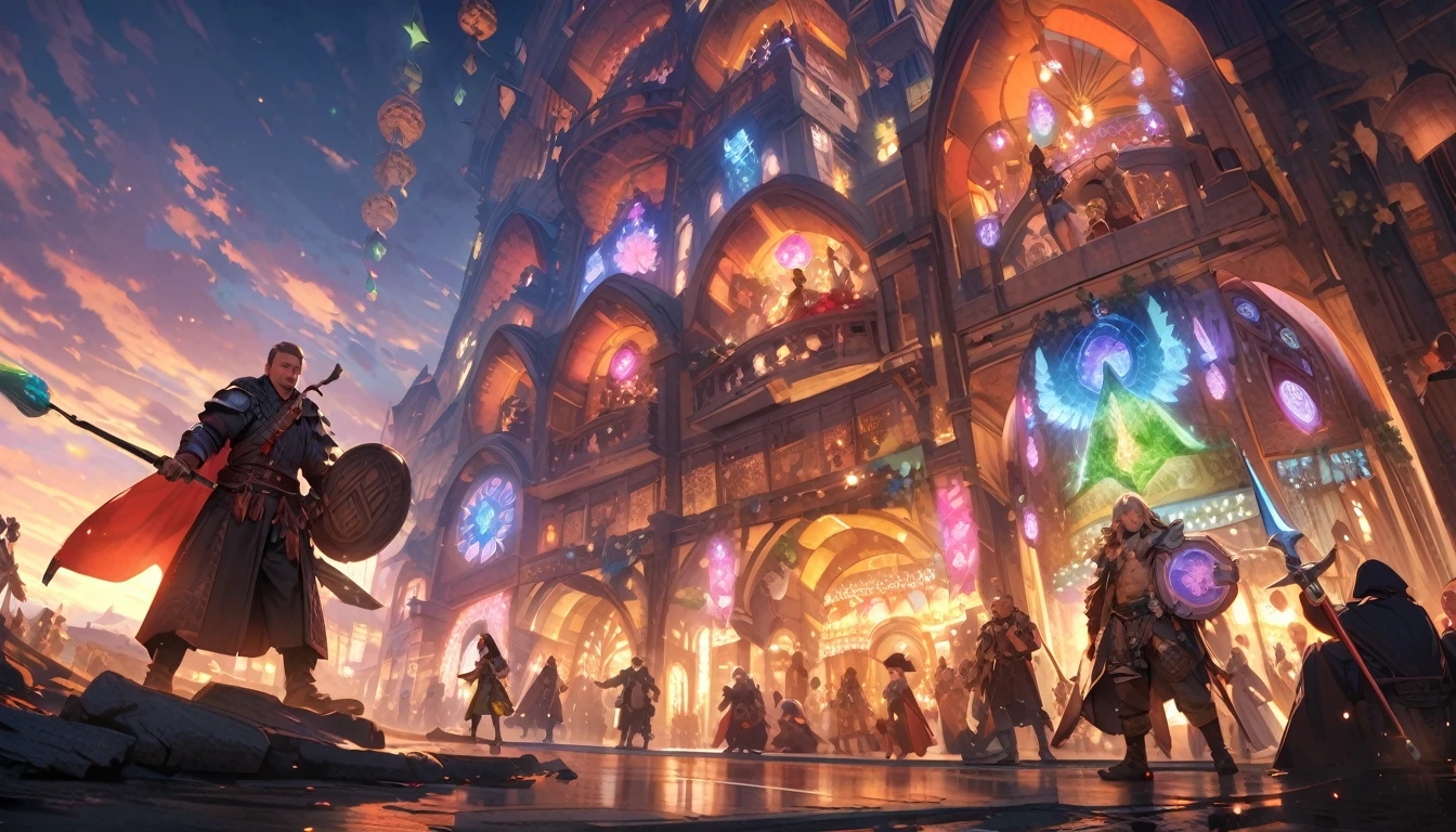 (masterpiece:1.4), (Highest quality:1.4), Very detailed, Complex, Very detailed, shape,Soft lighting, A bustling market in a magical city, More than one personで語り合う, Hopeful Face, smile, More than one person, Mixed gender, a group of adventurers, character from RPG games, (character: human, Fairy, Fairy, Dwarf, The Hobbit), (exterior: Swordsman Style, Shaman Style, Monk Style, Magician style), (belongings: Long sword, dagger, Holy Staff, Magic wand, shield, metal armor, Leather Armor), Perfectly accurate anatomical shape、All limbs intact、Perfect full finger, Colorful characters, A place to buy and sell mystical artifacts, Huge, Majestic, Uplifting expressions, みんなのsmileが素晴らしい.