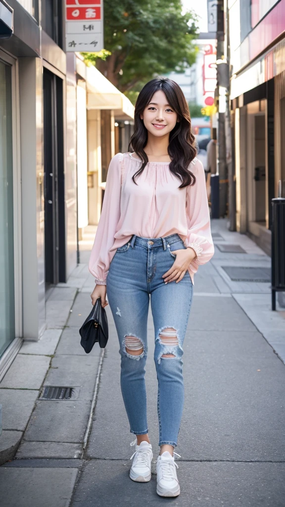 A charming young Japanese woman in her early 20s, figure around 160cm tall, full-body portrait. Adorable facial features with large, expressive eyes, small nose, and full lips. Radiant smile that lights up her whole face. Healthy, fair skin with a natural glow. Shiny black shoulder-length hair with soft waves. Energetic and lively posture, exuding a friendly and approachable aura. Wearing trendy, youthful clothing: a pastel-colored blouse, high-waisted jeans, and cute sneakers. Standing in a bright, modern urban setting with soft, flattering lighting. Photorealistic digital art, high resolution, vibrant colors.