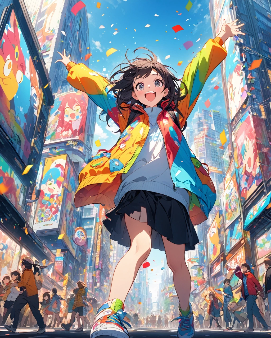 Create an illustration of a young person with long, dark hair, standing in a bustling city street, arms raised in joy. The character wears a vibrant, colorful jacket featuring various playful and cartoonish faces and designs. The atmosphere is lively and cheerful, with confetti falling around. The background shows tall buildings with billboards and advertisements, capturing the essence of a busy urban area under a clear blue sky
