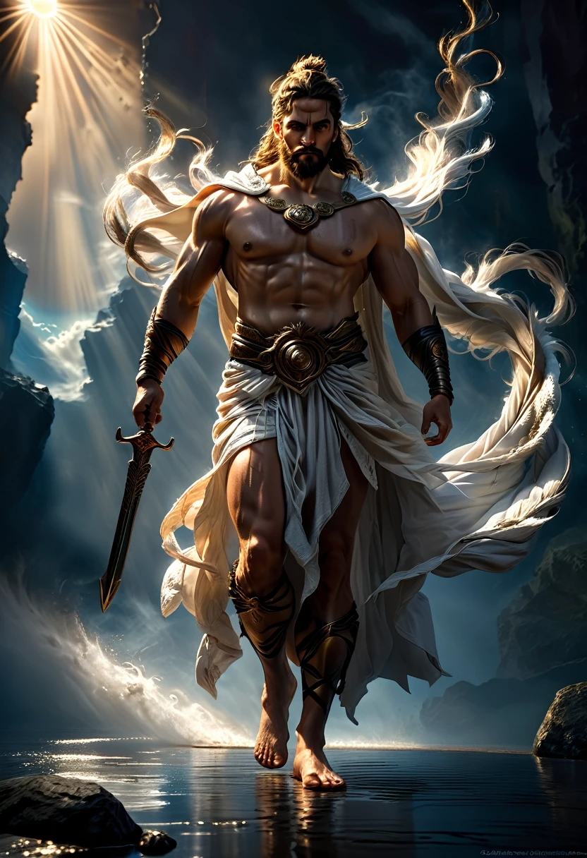 A muscular, tall, bearded man with a thunderbolt crown, wearing a toga and sandals, with a regal and commanding presence, exuding divine power,(best quality,4k,8k,highres,masterpiece:1.2),ultra-detailed,(realistic,photorealistic,photo-realistic:1.37),extremely detailed face and body,dramatic lighting,cinematic,epic,chiaroscuro,dramatic shadows,dramatic poses,digital painting,concept art,dramatic lighting,studio lighting,fantasy,mythology,greek mythology