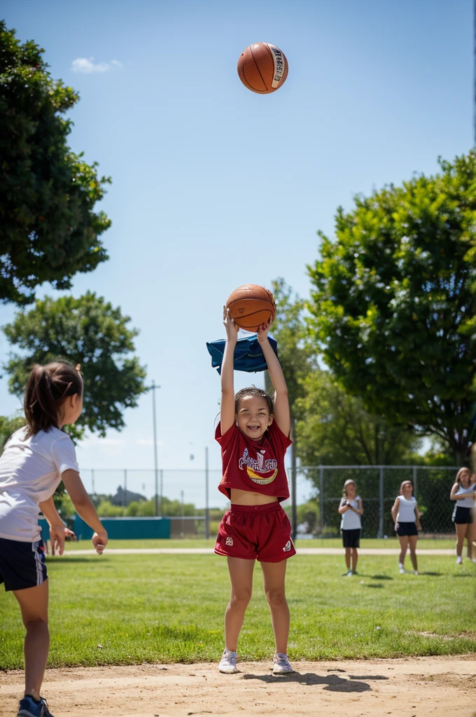 Create a highly realistic scene set in a bustling sports center in Italy. The focus is on two Italian sisters, one and the other 8 years old, by a group of younger children. They are all dressed in colorful T-shirts and shorts, reflecting their energetic and joyful mood.
The 13-year-old teenager stands confide in the center. She has shoulder length brown hair tied in a ponytail and is wearing a bright red t-shirt tied under her small breasts showing her midriff and blue shorts. Her face is lit up with a warm smile as she interacts with the children around her, radiating a sense of enthusiasm and camaraderie.
Hugging her is her 8-year-old sister, who looks a lot like her older sister but is shorter and has a smaller build. She has long wavy brown hair tied with a ribbon and is wearing a matching red t-shirt and blue shorts. Her expression mirrors her older sister's joy and excitement as she interacts with the other children.
Surrounding them are children aged between 5 and 10, each wearing T-shirts and shorts in various bright colors such as yellow, green, blue and orange. Their expressions are full of happiness and excitement as they interact with each other and the two sisters. Some children indicate their availability for fun activities.
In the background is the lively setting of the sports center: an open field with freshly cut grass, a running track and various sports facilities such as basketball courts and a football field. Some trees and benches are scattered here and there, offering places of shade and rest. The sky is clear and blue, with the sun shining brightly, casting a warm light over the entire scene.
This scene captures the energetic and playful atmosphere of the sports centre, with the 13- and 8-year-old sisters at the center of the joyful group, creating a sense of unity and fun among the children. The vibrant colors of their outfits and lively interactions reflect the spirit of a summer day full of sports and laug
