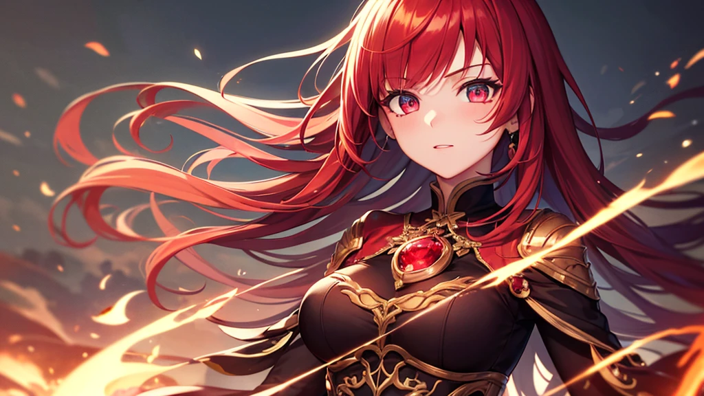 Highest quality, 8k, 4K, High resolution, High Contrast,1girl,only,Beautiful Hair, Crimson shorthair,(Beautifully detailed face), Clear Eyes, beautiful eyes, Slanted Eyes, Confident expression, ２０generation, Beautiful breasts, Wearing a Garnet, god々New Fire Magic, Based on red, gem, Precise landscape, battlefield