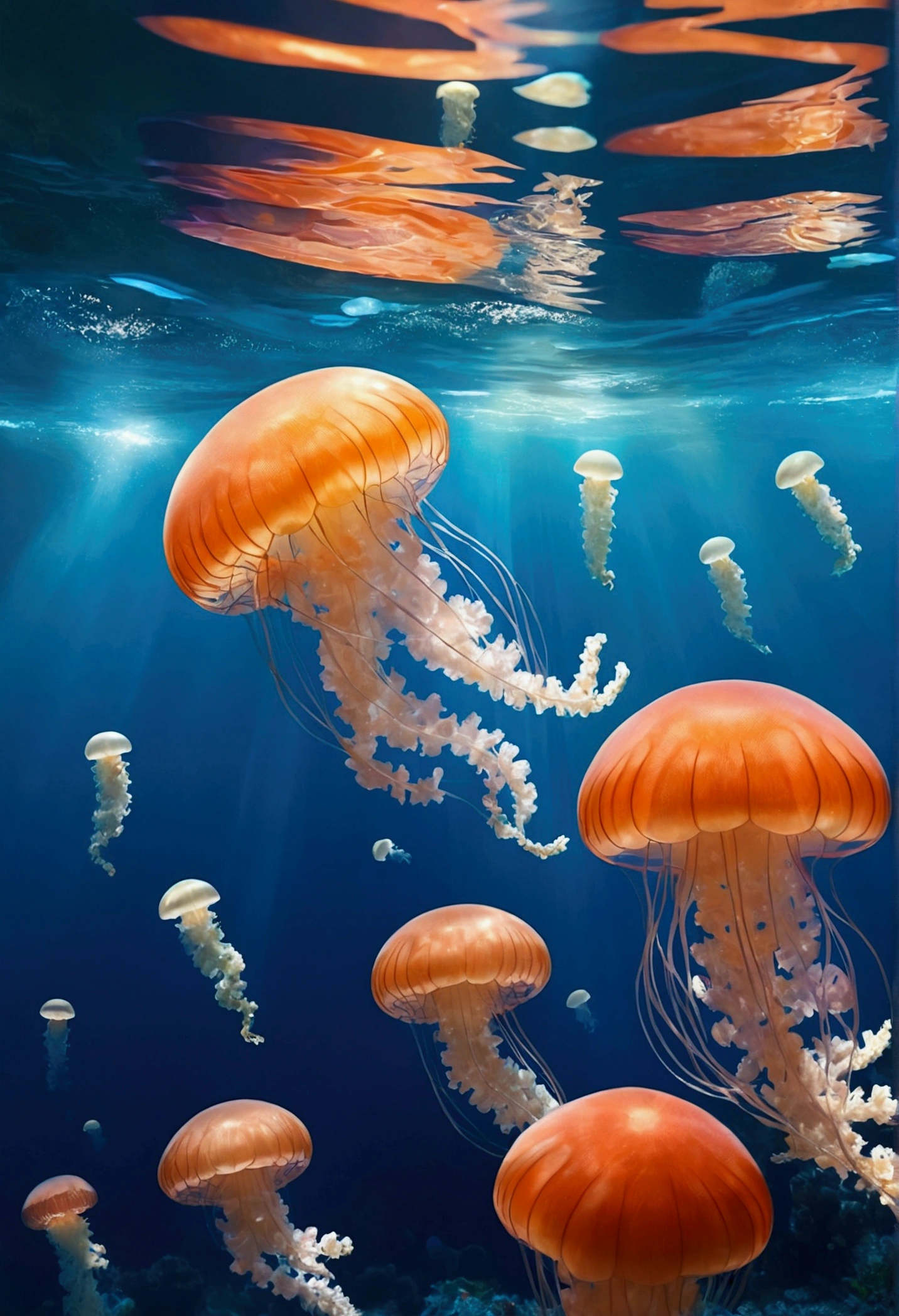 (masterpiece)、(Highest quality)、(In the water:1.4)、Ocean、Coral Reef、Light、Bubble、jellyfish、Oceanの藻、(深Ocean:1.4)、Fantasy、Ocean底、Floating objects、jellyfishの群れ