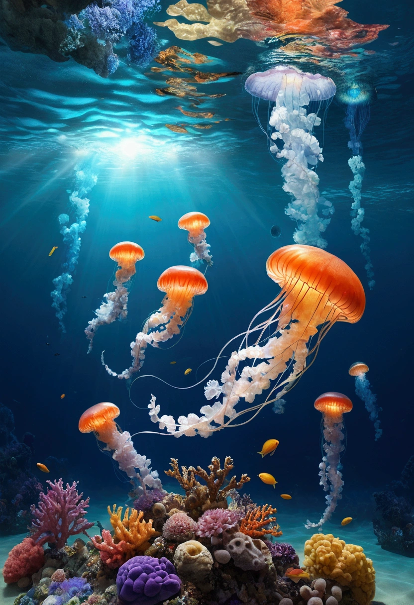 (masterpiece)、(Highest quality)、(In the water:1.4)、Ocean、Coral Reef、Light、Bubble、jellyfish、Oceanの藻、(深Ocean:1.4)、Fantasy、Ocean底、Floating objects、jellyfishの群れ