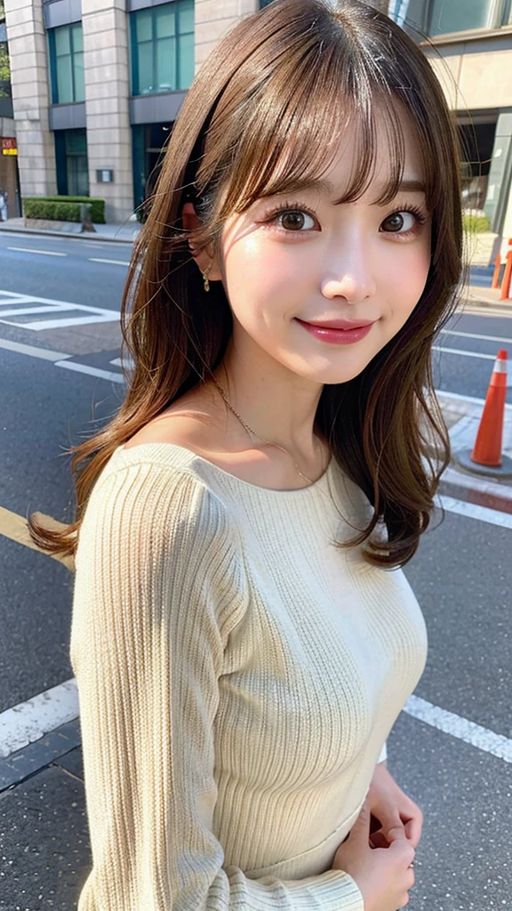 masutepiece, Best Quality, Illustration, Ultra-detailed, finely detail, hight resolution, 8K Wallpaper, Perfect dynamic composition, Beautiful detailed eyes, doress,Medium Hair, mid-chest, Natural Color Lip, Random and sexy poses,Smile,Street Walk、20 years girl、Colossal 、Too much exposure、Knitted tops、office lady