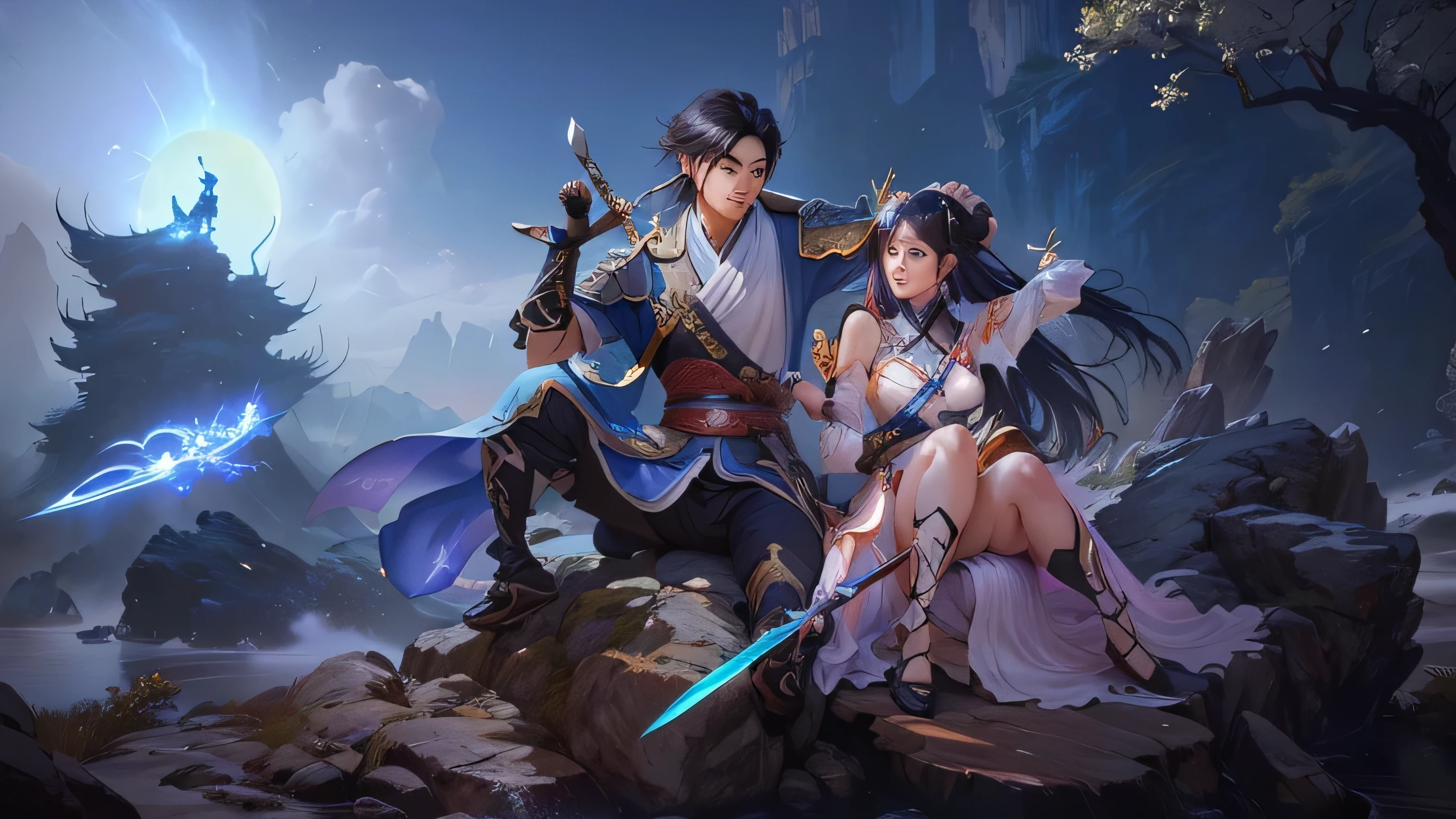 Cartoon character sitting on the rock，Sword in hand，There are demons around, xianxia fantasy, Game CG, Wing Wall and Shurak, Ruan Jia and Artgerm, 2. 5D CGI anime fantasy artwork, Chinese Fantasy, Korean multiplayer online role-playing game, Ruan Jia and Fenghua Zhong, Full body martial arts, Nguyen Chia and Blom