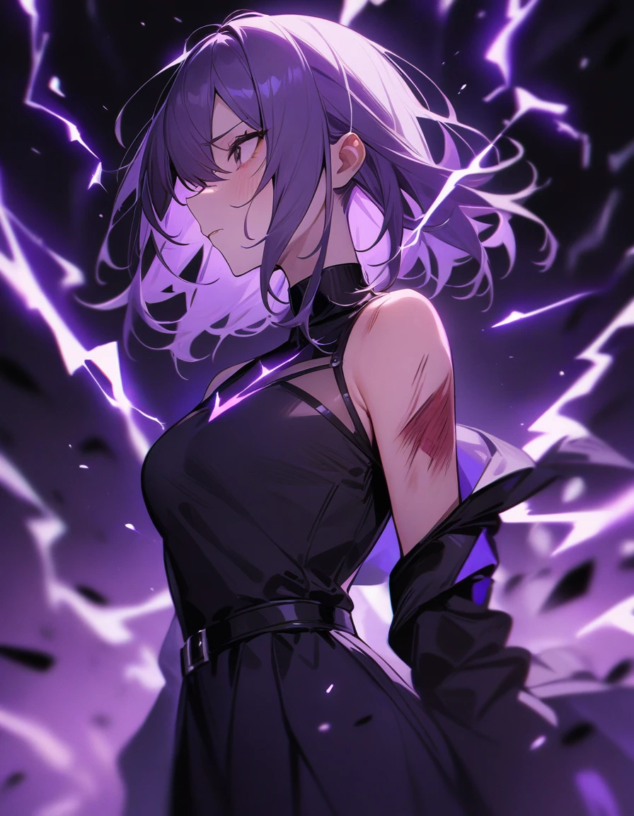 1 girl, female focus, injury, electricity,, masterpiece, highest quality, so beautiful, disorganized、purple hair、gray hair、