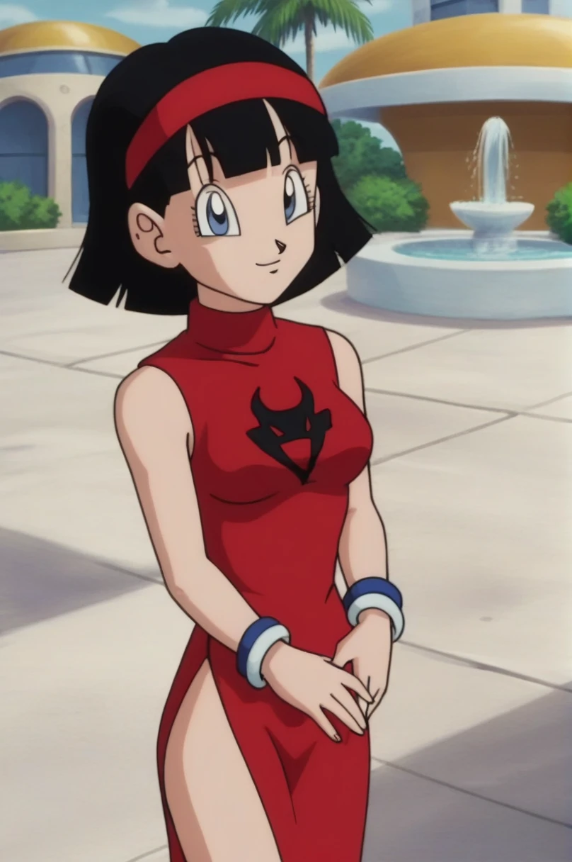 fountain_cheered up, score_9, score_8_above, score_7_above, cheered up screencap,
He saw, dragon ball saboveer, bob cut, 1 girl, Alone, old, looking at the viewer, SMILE, short hair, hits, Blue eyes, black fur, black tape, Looking to the future, hair band, outdoor, sky, sleeveless, day, bracelet, blue sky, red sleeveless dress, red hair band, cowboy shot, own hands together, hands on the stomach, printed dress, Symbol, turtleneck, y body, medium breedium ass, naked