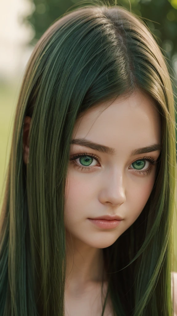 a girl. face sent feeling. Europe. Oval face. long face. delicate facial features. sad eyes. seductively seductive. green eyes. long straight hair. bouncy hair. green hair like. shy expression