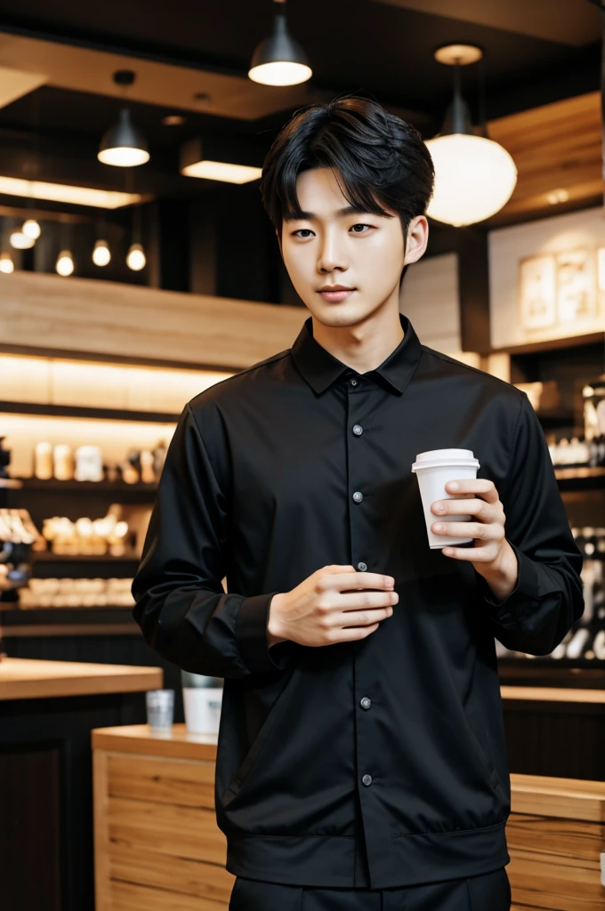 Korean guy wearing black clothes in Starbucks 